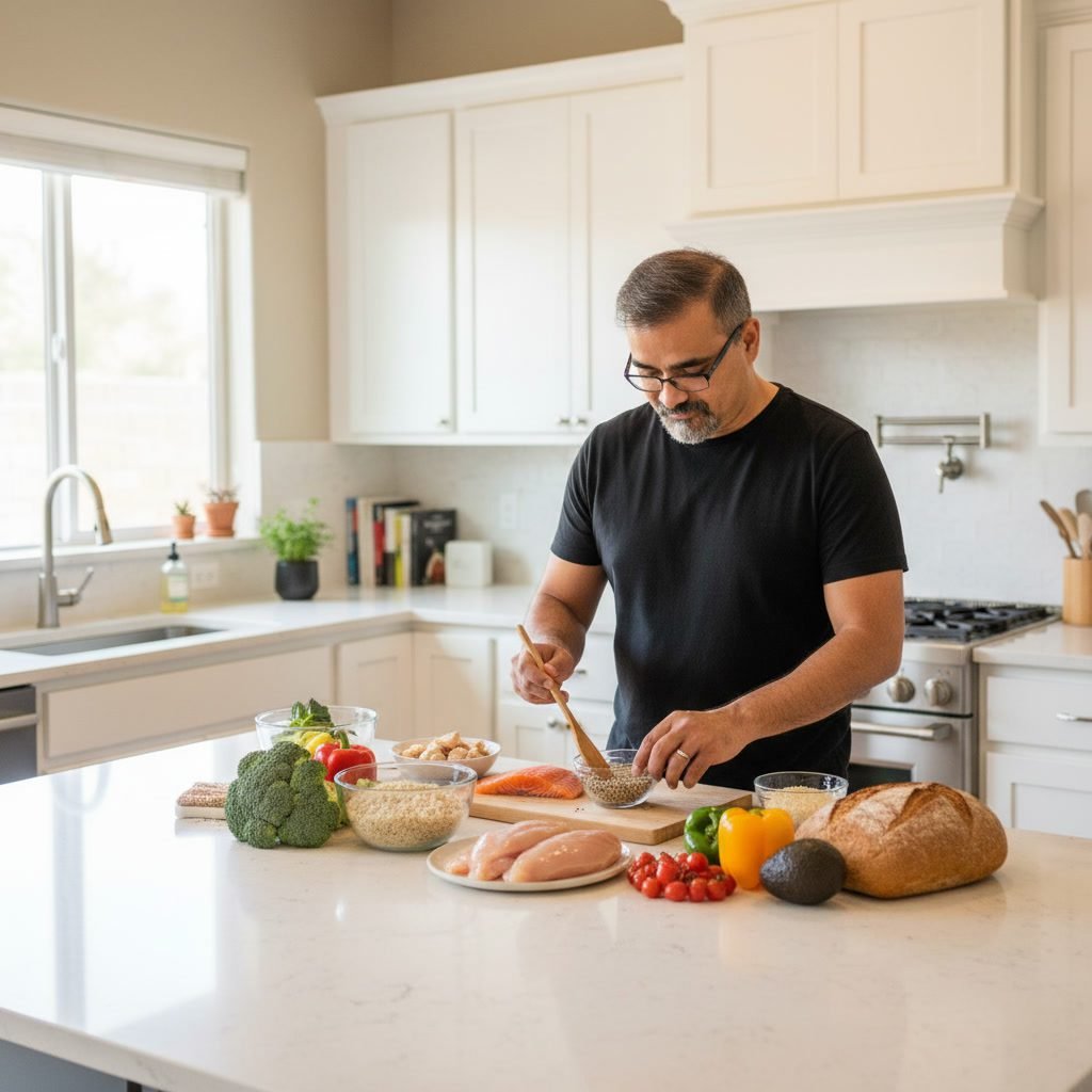 A person preparing food in a kitchen — cutting vegetables or assembling meals, showing a realistic and practical routine.