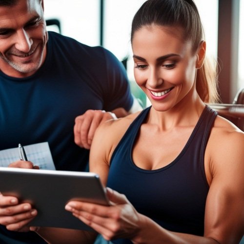 A person following a workout plan on a phone or notebook in a gym environment