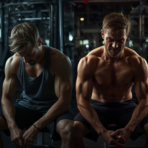 Exhausted person sitting in gym vs refreshed after recovery