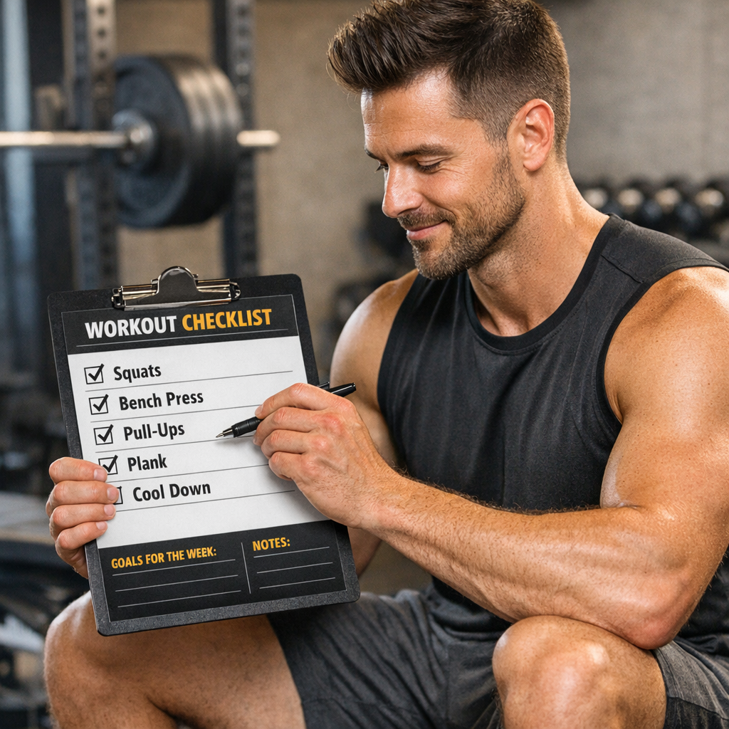 A person following a workout routine with a checklist