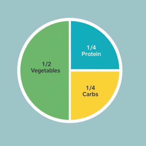 A visual diagram of the plate split into sections (12 veggies, 14 protein, 14 carbs)