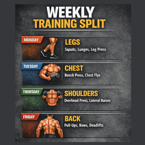  Infographic showing the weekly training split (Legs, Chest, Shoulders, Back)