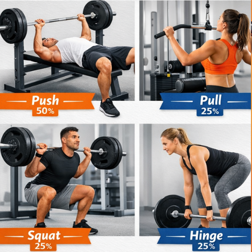 Visual showing 4 movement patterns (push, pull, squat, hinge)