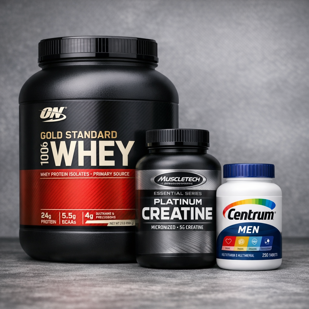 Neutral supplement bottles (no branding) representing protein, creatine, multivitamin
