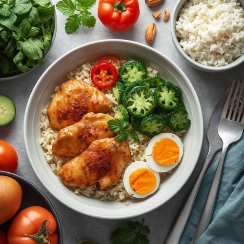 High-protein meal setup (chicken, eggs, rice, vegetables)