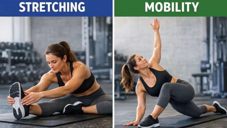 Split image showing stretching vs mobility movement