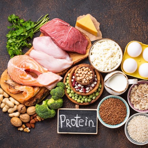 Various protein foods displayed (animal + plant-based)