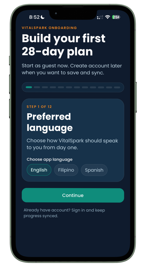 VitalSpark mobile app onboarding screen